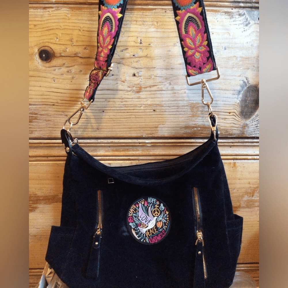 NEW! Upcycled Ruxpinsrags Embroidered Black faux suede Shoulder Bag